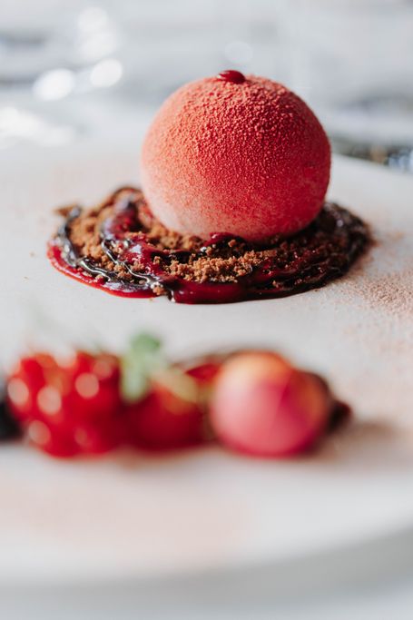 Semifreddo alla fragola, cioccolato ruby e frutti rossi